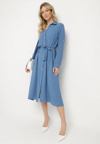 Born2be - Niebieska Koszulowa Sukienka z Materiałowym Paskiem Vivinara. Okazja: na co dzień, na imprezę. Kolor: niebieski. Materiał: materiał. Typ sukienki: koszulowe. Styl: casual, elegancki #2