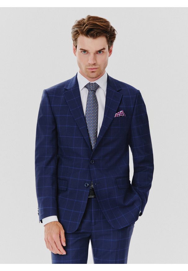 Pako Lorente - PAKO LORENTE – Granatowa marynarka garniturowa w niebieską kratkę. Okazja: na ślub cywilny, na wesele, na komunię. Kolor: niebieski. Materiał: wełna, lycra, poliester. Wzór: kratka