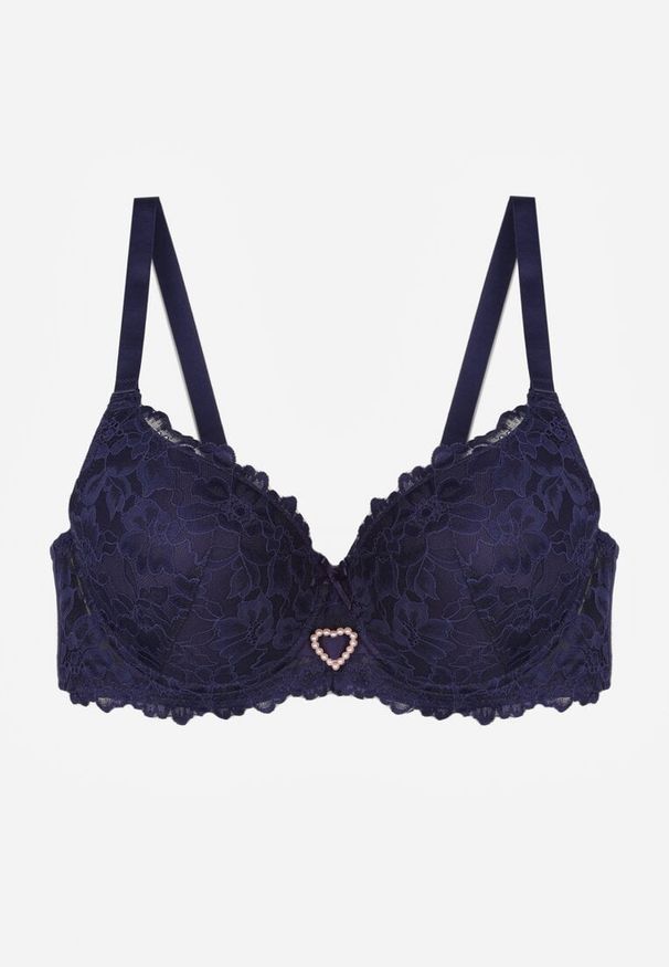 Born2be - Granatowy Biustonosz z Koronką i Sercem z Cyrkonii Coratune. Kolor: niebieski. Materiał: koronka. Wzór: koronka