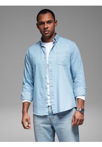 Ombre Clothing - Wzorzysta koszula męska z cienkiego jeansu z kieszonką – jasnoniebieska V1 - Rozmiar: XL. Okazja: na co dzień. Kolor: niebieski. Materiał: jeans. Wzór: gładki. Styl: klasyczny, casual