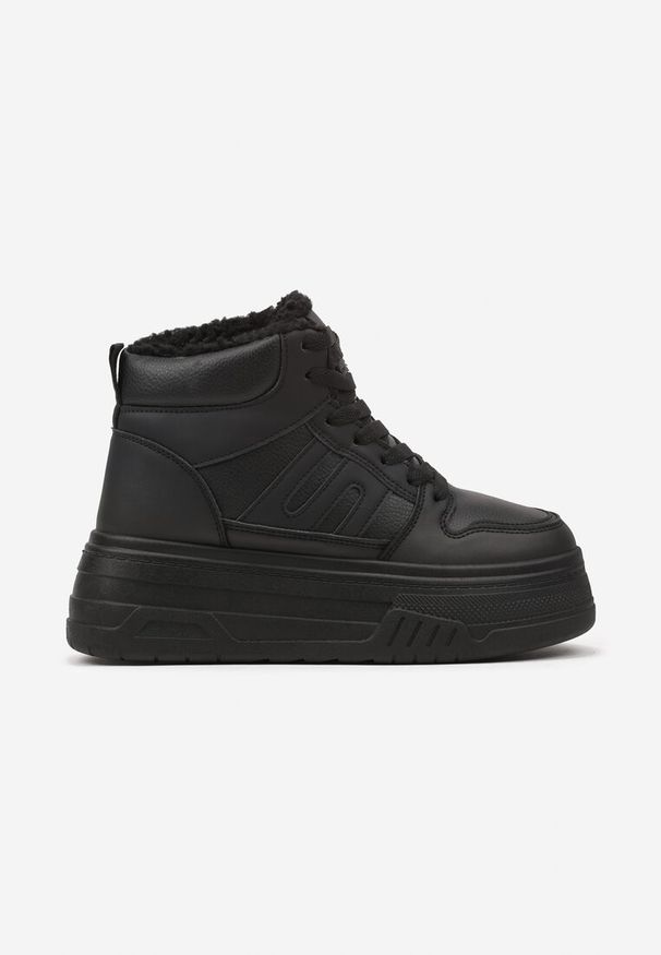 Renee - Czarne Sneakersy na Platformie Mocno Ocieplane Futerkiem Lealwen. Okazja: na co dzień. Nosek buta: okrągły. Zapięcie: sznurówki. Kolor: czarny. Materiał: futro. Sezon: zima. Obcas: na platformie. Wysokość obcasa: średni