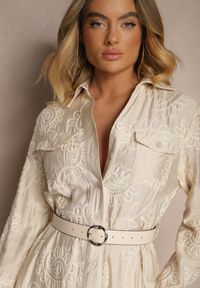 Renee - Beżowa Wiskozowa Rozkloszowana Sukienka Koszulowa z Bawełną i Paskiem Odivoria. Okazja: na co dzień. Typ kołnierza: kołnierzyk klasyczny. Kolor: beżowy. Materiał: bawełna, wiskoza. Typ sukienki: koszulowe. Styl: klasyczny, casual, elegancki #5