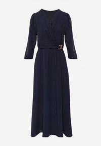 Renee - Granatowa Elegancka Sukienka o Kopertowym Kroju Zdobiona Aplikacją w Talii Zilendra. Kolor: niebieski. Wzór: aplikacja. Typ sukienki: kopertowe. Styl: elegancki #5