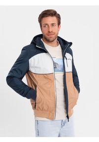 Ombre Clothing - Lekka kolorowa męska kurtka sportowa z polarem – brązowo-granatowa V1 - Rozmiar: XL. Typ kołnierza: kołnierzyk stójkowy. Kolor: biały. Materiał: polar. Wzór: kolorowy. Styl: sportowy #3