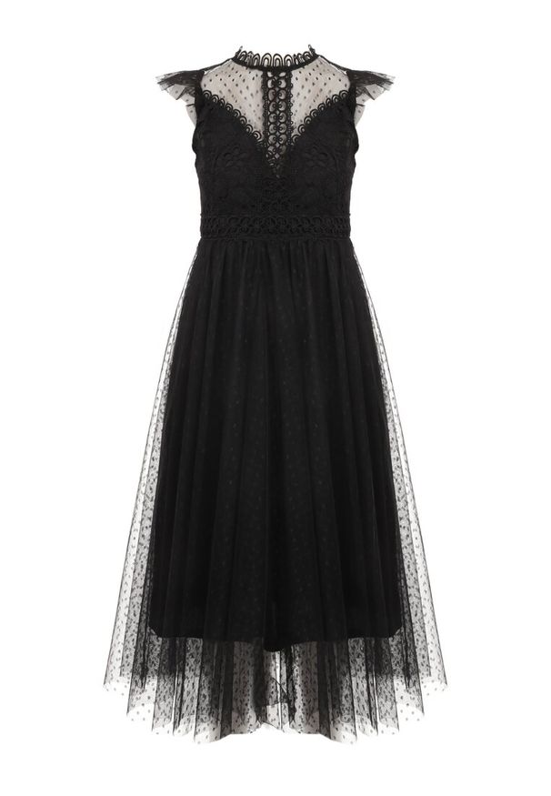 Born2be - Czarna Sukienka Clymotis. Typ kołnierza: kołnierzyk stójkowy, kołnierz z falbankami. Kolor: czarny. Materiał: koronka. Długość rękawa: bez rękawów. Długość: midi