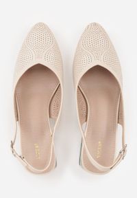 Renee - Beżowo-Niebieski Czółenka VICES z Ozdobnym Słupkiem Drobną Perforacją i Noskiem w Szpic Lynnsyss. Kolor: beżowy. Materiał: satyna. Obcas: na słupku. Styl: elegancki #6