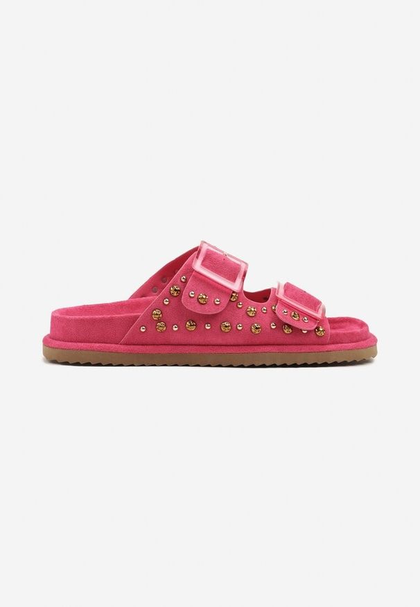 Born2be - Fuksjowe Klapki z Klamrami i Ozdobnymi Aplikacjami Ellinae. Okazja: na co dzień. Kolor: różowy. Wzór: aplikacja. Styl: elegancki, casual