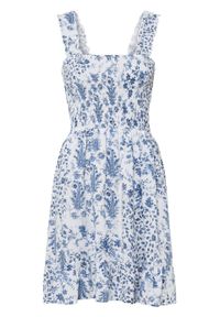 Sukienka z nadrukiem i przeszyciem cienkimi gumkami bonprix biel wełny - niebieski w roślinny wzór. Kolor: biały. Materiał: wełna. Wzór: nadruk #1