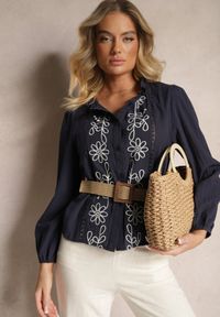 Renee - Granatowa Koszula z Wiskozą Bawełną i Haftem Nalorielle. Okazja: na co dzień. Kolor: niebieski. Materiał: bawełna, wiskoza. Wzór: haft. Styl: elegancki, casual #3