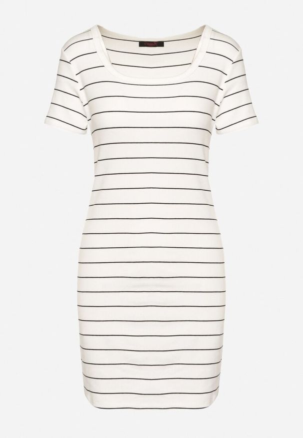 Born2be - Biała Bawełniana Sukienka w Paski o Dopasowanym Kroju Tiamirene. Okazja: na co dzień. Kolor: biały. Materiał: bawełna. Wzór: paski. Typ sukienki: proste. Styl: casual, klasyczny