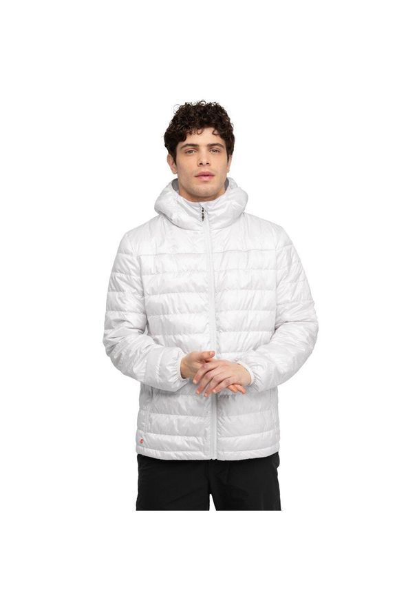 SIROKO - Męska lekka ocieplana kurtka trekkingowa Siroko Respire. Typ kołnierza: kaptur. Kolor: biały. Materiał: puch. Sport: turystyka piesza