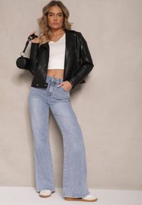 Renee - Czarna Motocyklowa Kurtka Ramoneska o Taliowanym Kroju z Kołnierzem Zinrea. Okazja: na co dzień. Kolor: czarny. Materiał: jeans. Styl: rockowy, casual, elegancki