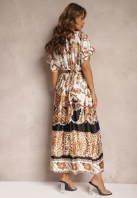Renee - Czarno-Kremowa Kopertowa Sukienka Maxi z Gumką w Talii i Rozkloszowanym Dołem Jeanina. Kolor: beżowy. Materiał: materiał, tkanina. Długość rękawa: krótki rękaw. Typ sukienki: kopertowe. Długość: maxi #3