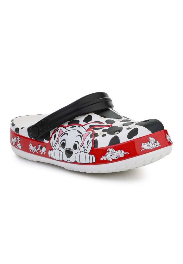 Klapki Crocs Fl 101 Dalmatians Kids Clog 207483-100 białe czarne czerwone. Kolor: biały, czarny, wielokolorowy, czerwony. Materiał: skóra, syntetyk, materiał. Wzór: motyw z bajki. Styl: wakacyjny
