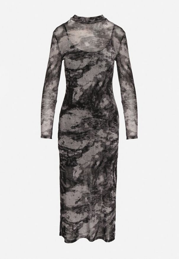 Born2be - Czarna Dopasowana Sukienka z Siateczki z Wiskozą w Moro z Rozcięciami Emeloraine. Okazja: na co dzień. Kolor: czarny. Materiał: wiskoza. Długość rękawa: na ramiączkach. Wzór: moro. Typ sukienki: dopasowane, proste. Styl: wizytowy, casual, klasyczny, elegancki