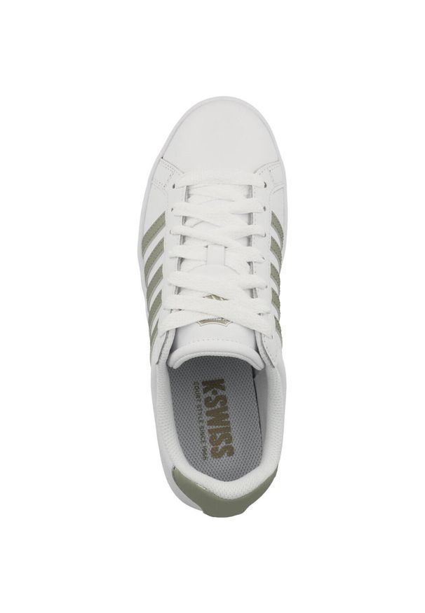 Buty do chodzenia damskie K-Swiss Court Tiebreak. Zapięcie: sznurówki. Kolor: biały. Materiał: tkanina, materiał, skóra, syntetyk. Szerokość cholewki: normalna. Sport: turystyka piesza