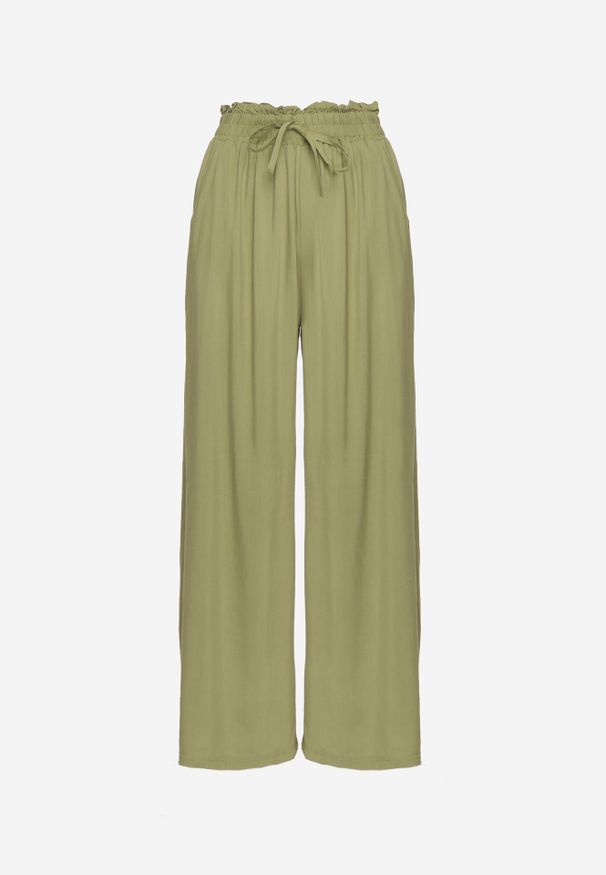 Renee - Jasnozielone Spodnie z Bawełny Typu Palazzo High Waist z Gumką w Talii Nelsaria. Okazja: na co dzień. Stan: podwyższony. Kolor: zielony. Materiał: bawełna. Styl: elegancki, casual, wizytowy