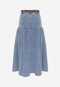 Born2be - Niebieska Bawełniana Spódnica Jeansowa z Rozkloszowanym Dołem i Plecionym Paskiem Doriame. Okazja: na co dzień, do pracy. Kolor: niebieski. Materiał: jeans, bawełna. Wzór: aplikacja. Styl: casual #5