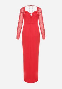 Born2be - Czerwona Sukienka z Dekoltem Caro i Siateczkowymi Rękawami z Perełkami Inelara. Kolor: czerwony. Wzór: aplikacja #4