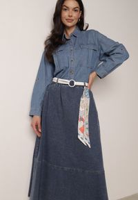 Born2be - Granatowa Rozkloszowana Spódnica Jeansowa z Bawełny z Paskiem z Apaszką Ipharianne. Okazja: na co dzień, do pracy, na spotkanie biznesowe. Kolor: niebieski. Materiał: jeans, bawełna. Styl: klasyczny, casual, biznesowy #4