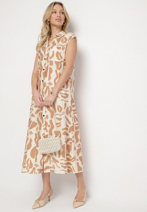 Born2be - Beżowa Sukienka o Koszulowym Kroju w Geometryczny Wzór Saranea. Okazja: na co dzień, na spotkanie biznesowe. Typ kołnierza: dekolt w serek. Kolor: beżowy. Długość rękawa: krótki rękaw. Wzór: geometria. Sezon: wiosna, lato. Typ sukienki: koszulowe. Styl: casual, biznesowy