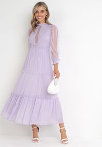 Born2be - Fioletowa Rozkloszowana Sukienka z Ozdobnymi Tiulowymi Wstawkami Revisa. Typ kołnierza: kołnierz z falbankami. Kolor: fioletowy. Materiał: tiul. Wzór: aplikacja. Długość: maxi #5