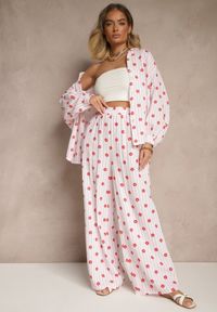 Renee - Różowe Szerokie Spodnie High Waist z Bawełny z Gumką w Talii Ranivaria. Okazja: na co dzień. Stan: podwyższony. Kolor: różowy. Materiał: bawełna. Wzór: kwiaty. Sezon: lato, wiosna. Styl: casual, elegancki