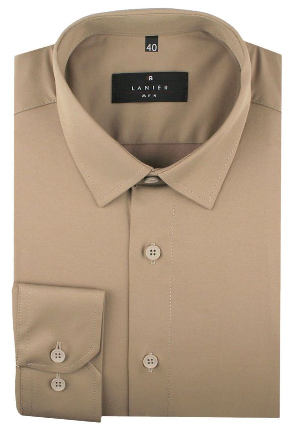 Delikatnie Wyszczuplana (Slim) Męska Koszula - Lanier - Jasny Brąz, Ciemny Beż. Kolor: beżowy, wielokolorowy, brązowy. Materiał: poliester, bawełna, lycra. Styl: klasyczny, sportowy