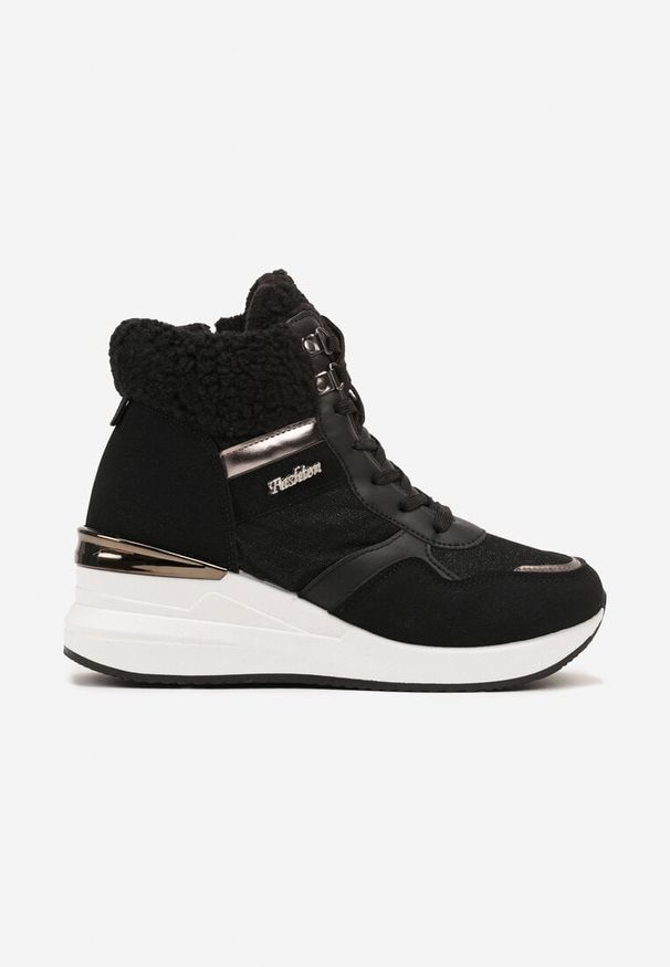Born2be - Czarne Sneakersy na Koturnie za Kostkę z Brokatem Sinthaine. Okazja: na co dzień. Wysokość cholewki: za kostkę. Kolor: czarny. Materiał: jeans, satyna. Obcas: na koturnie. Wysokość obcasa: średni
