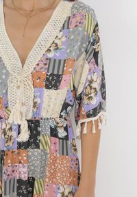 Born2be - Szaro-Czarna Rozkloszowana Sukienka Maxi w Patchworkowy Wzór Daliah. Kolor: szary. Wzór: aplikacja. Długość: maxi #5