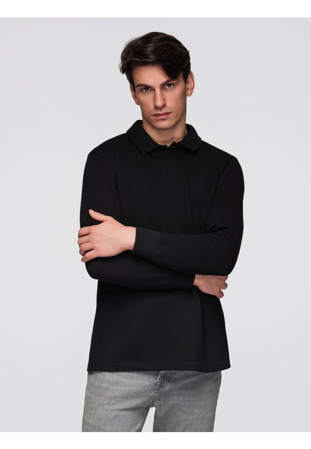 Ombre Clothing - Bluza męska z kołnierzykiem polo ze strukturalnej dzianiny - czarna V8 - Rozmiar: XL. Typ kołnierza: polo. Kolor: czarny. Materiał: dzianina