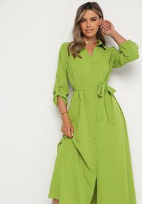 Born2be - Zielona Rozpinana Sukienka Koszulowa z Regulowanymi Rękawami Grimoire. Kolor: zielony. Materiał: tkanina. Typ sukienki: koszulowe