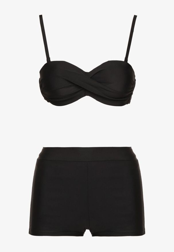 Born2be - Czarne Bikini 3-częściowe Wiązany Biustonosz Majtki Figi i Majtki Bokserki Levinna. Kolor: czarny. Wzór: aplikacja