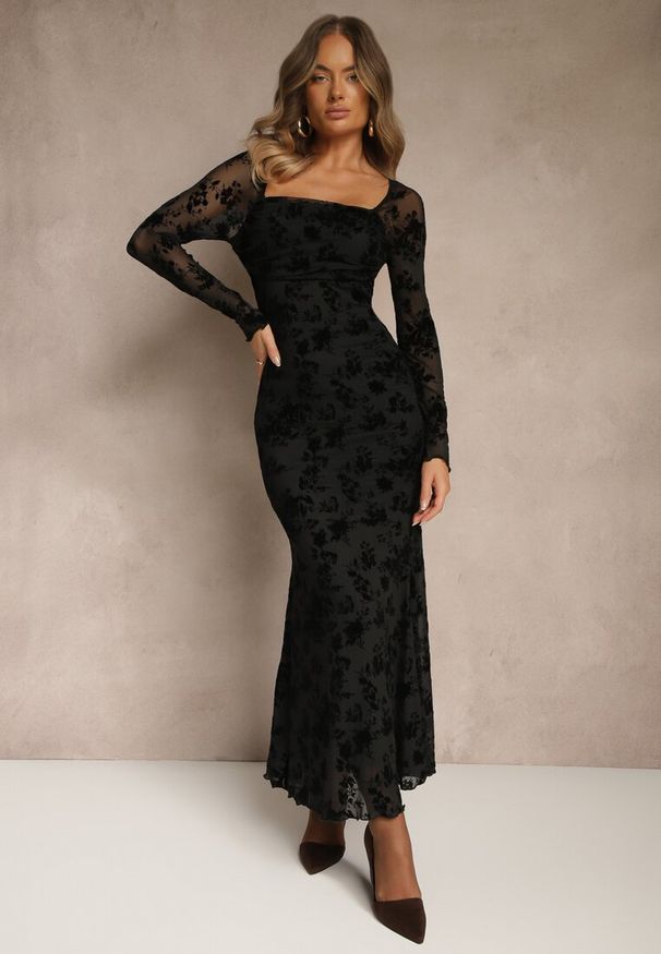 Renee - Czarna Sukienka VICES Bodycon z Siateczki Ozdobionej Wzorem w Kwiaty Rivita. Okazja: na imprezę. Typ kołnierza: dekolt kwadratowy. Kolor: czarny. Wzór: kwiaty, aplikacja. Typ sukienki: bodycon. Styl: elegancki