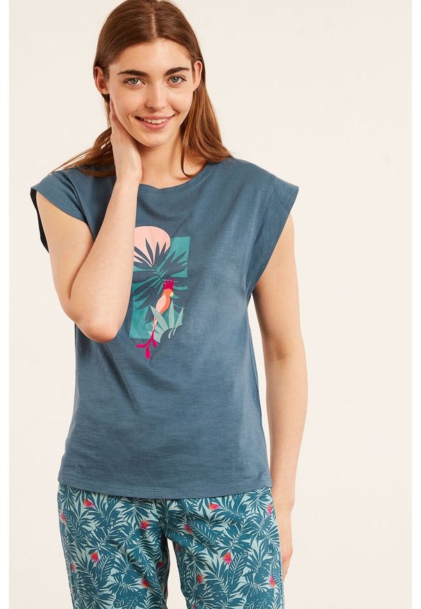 Etam - T-shirt piżamowy Blaise. Kolor: niebieski. Długość: krótkie. Wzór: nadruk