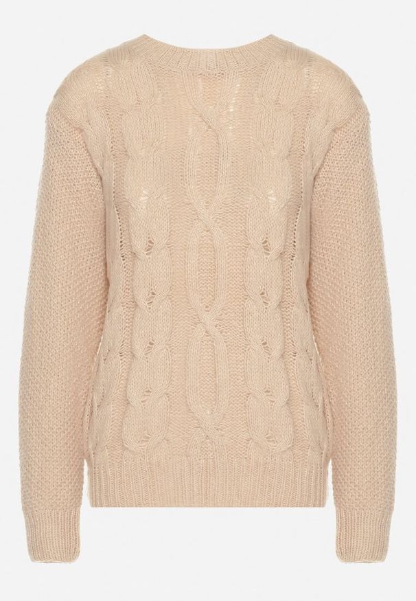 Born2be - Ciemnobeżowy Sweter z Bawełną i Ozdobnym Splotem Savalissea. Okazja: na spotkanie biznesowe. Kolor: beżowy. Materiał: bawełna. Wzór: ze splotem. Styl: biznesowy, klasyczny, elegancki