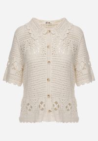 Renee - Beżowy Ażurowy Kardigan z Bawełny z Kołnierzykiem i Guzikami Mleella. Okazja: na co dzień. Kolor: beżowy. Materiał: bawełna. Wzór: ażurowy. Styl: elegancki, klasyczny, casual #4