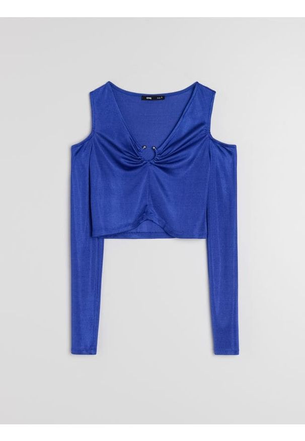 Sinsay - Welurowa bluzka z odkrytymi ramionami i marszczeniem przy dekolcie - niebieski. Kolor: niebieski. Materiał: welur