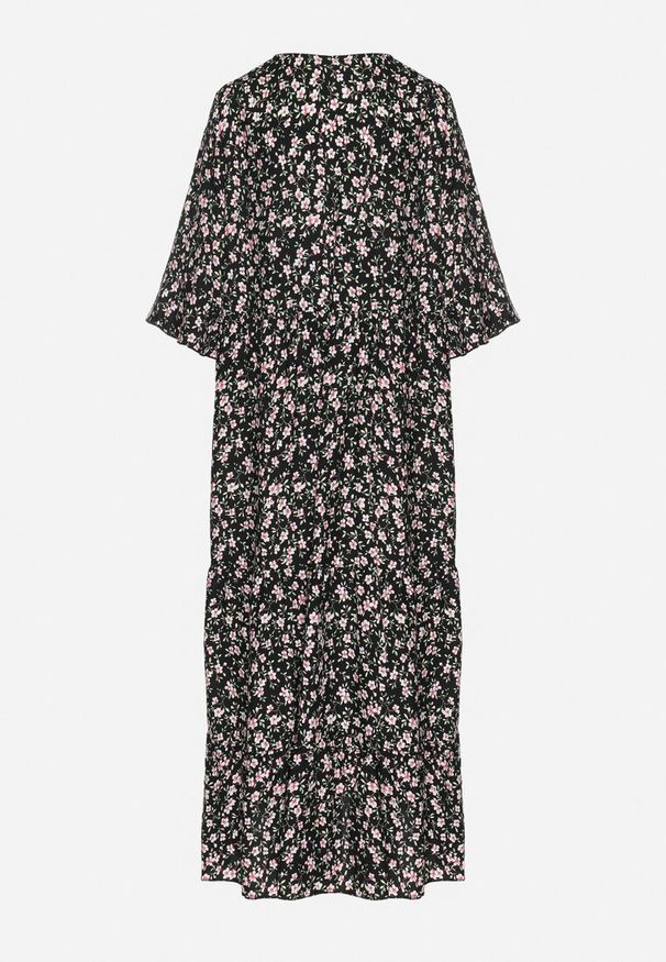 Born2be - Czarna Bawełniana Sukienka Rozkloszowana w Drobne Kwiatki z Chwostem Orrilva. Okazja: na imprezę, na co dzień. Typ kołnierza: dekolt w łódkę. Kolor: czarny. Materiał: bawełna. Wzór: kwiaty. Sezon: wiosna. Styl: casual, elegancki