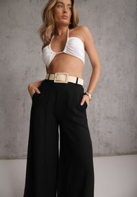Renee - Czarne Spodnie High Waist Wide Leg z Wiskozą z Plecionym Paskiem Aridine. Okazja: na co dzień. Stan: podwyższony. Kolor: czarny. Materiał: wiskoza. Styl: casual, elegancki #5
