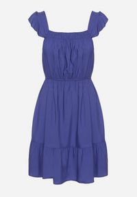 Born2be - Granatowa Sukienka z Wiskozą o Rozkloszowanym Kroju z Gumką w Pasie Lirimere. Okazja: na co dzień. Typ kołnierza: kołnierz z falbankami. Kolor: niebieski. Materiał: wiskoza. Długość rękawa: na ramiączkach. Styl: casual, elegancki #4