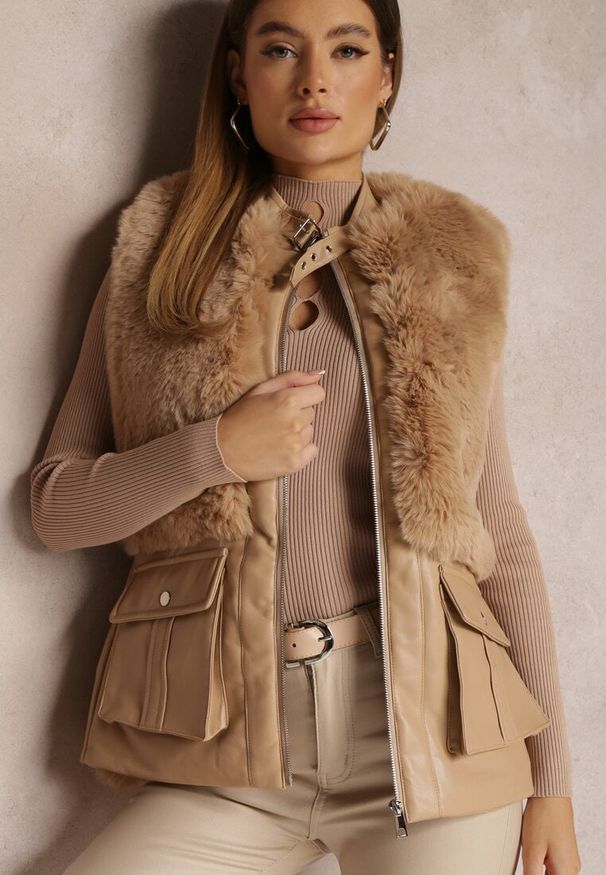 Renee - Beżowa Kamizelka z Futerka i Ekoskóry Wiązana w Pasie Ondoli. Kolor: beżowy. Materiał: futro. Styl: klasyczny