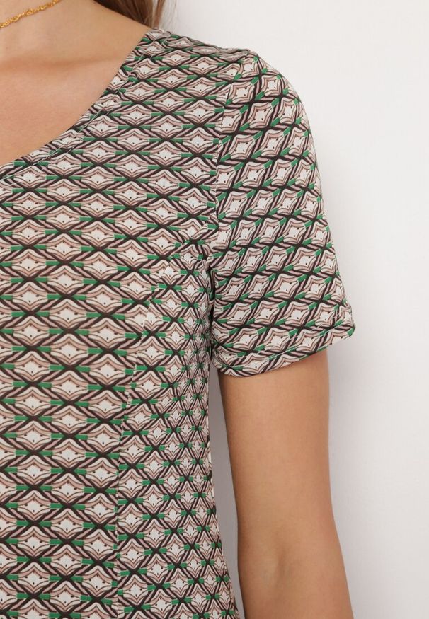 Born2be - Zielono-Beżowa Letnia Sukienka z Wiskozy w Mozaikowy Wzór Ivalia. Kolor: zielony. Materiał: wiskoza. Wzór: aplikacja. Sezon: lato