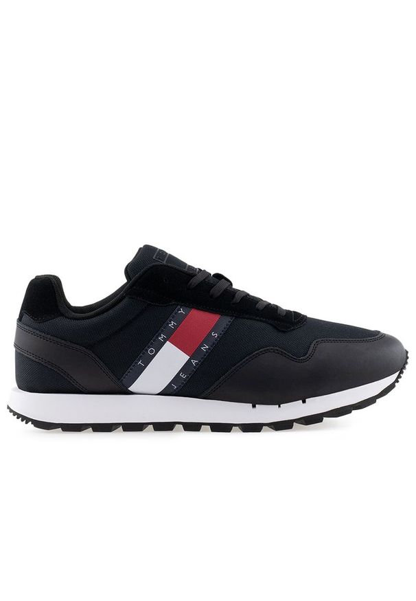 Buty Tommy Jeans Retro Runner EM0EM01081-BDS - czarne. Okazja: na co dzień. Zapięcie: sznurówki. Kolor: czarny. Materiał: materiał, skóra, poliester. Szerokość cholewki: normalna. Wzór: aplikacja
