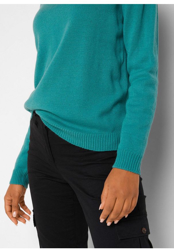 bonprix - Sweter dzianinowy z okrągłym dekoltem. Kolor: niebieski. Materiał: dzianina. Długość: długie