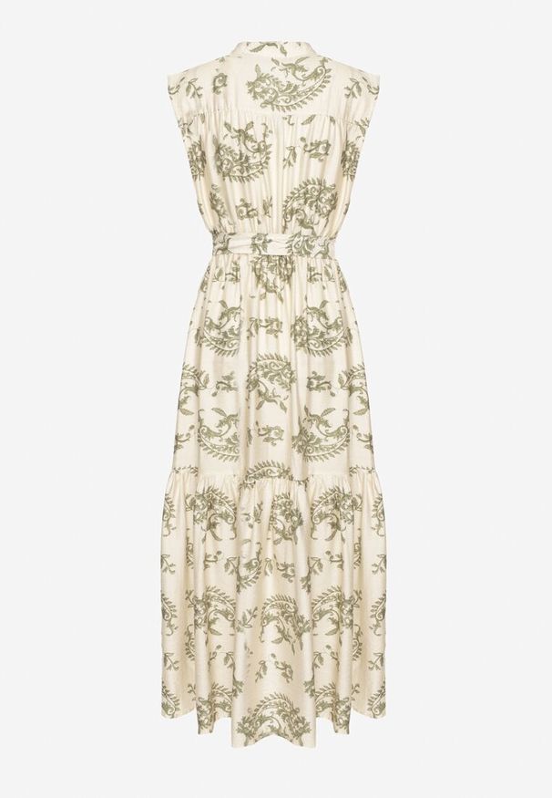 Born2be - Beżowo-Zielona Wiskozowa Sukienka w Abstrakcyjny Wzór z Paskiem Rinoriela. Okazja: na co dzień. Kolor: zielony. Materiał: wiskoza. Wzór: aplikacja. Typ sukienki: proste. Styl: casual, elegancki