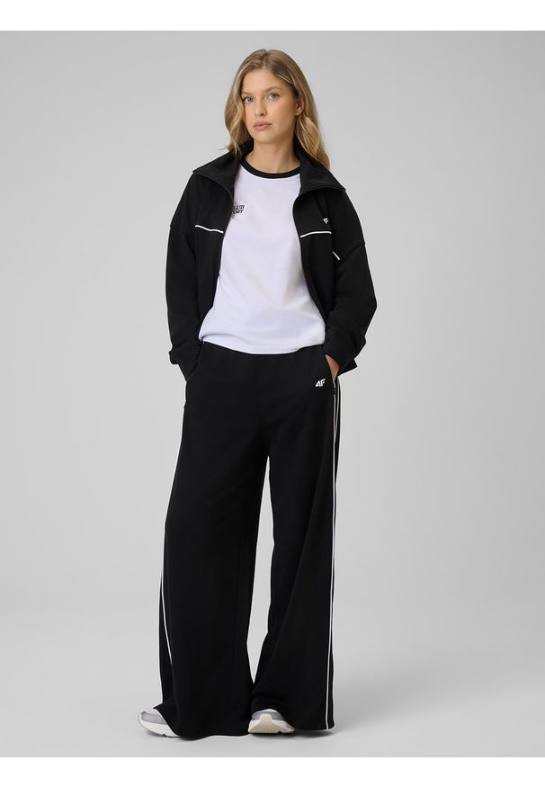4f - 4F Spodnie dresowe z szerokimi nogawkami damskie - czarne XL. Stan: podwyższony. Kolor: czarny. Materiał: dresówka. Długość: długie
