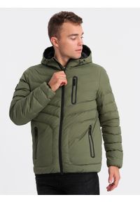 Ombre Clothing - Sportowa kurtka męska pikowana - khaki V6 OM-JALP-0118 - XL. Kolor: brązowy. Materiał: poliester, nylon. Styl: sportowy