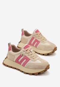 Renee - Beżowo-Fuksjowe Sneakersy ze Skóry Naturalnej Ozdobione Geometrycznym Wzorem Melassea. Okazja: na co dzień. Kolor: beżowy. Materiał: skóra. Wzór: aplikacja, geometria #3