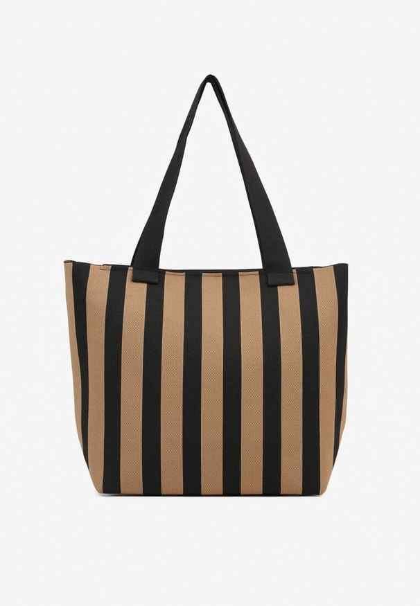 Born2be - Brązowa Torebka w Paski Shopper na Suwak Salisea. Kolor: brązowy. Wzór: paski. Styl: klasyczny, elegancki, casual